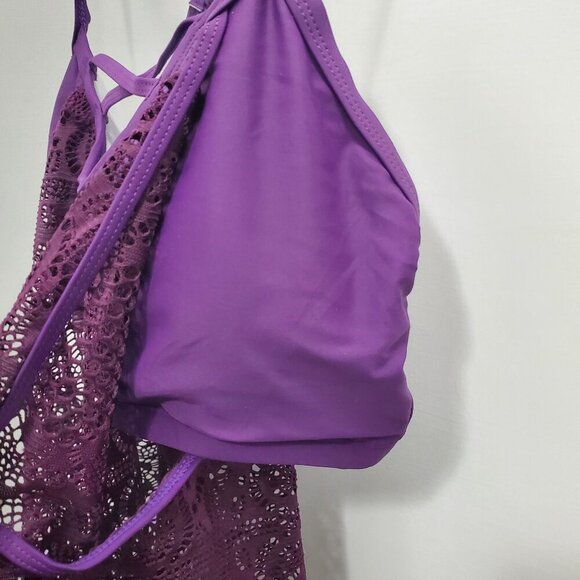 AnnJo Women Purple Plum Crochet Doily Lace Overlay 2-Fer Tankini Swim Tank M - Picture 3 of 7